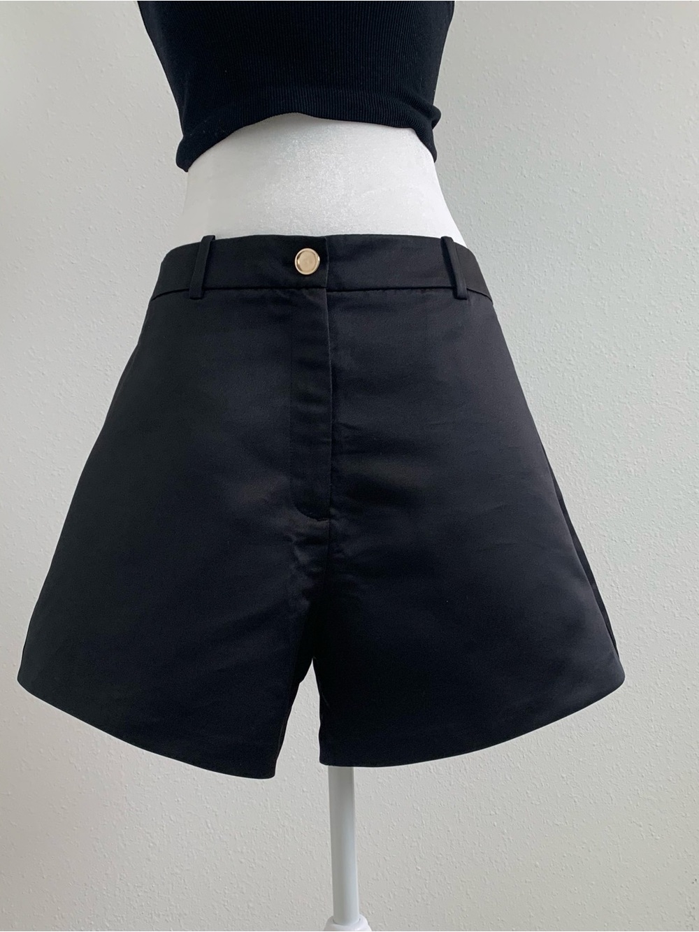 Zara Black High-Rise Tailored Satin Shorts with Gold Button